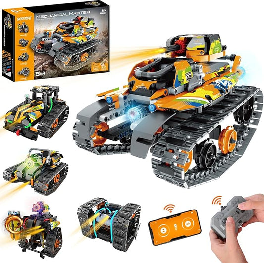 5 in 1 STEM Building Toys for Kids 6-14, Remote & APP Controlled Stunt Tank Robot Race Car Building Kit, 554 PCS Erecor Set with Cool Lights, for 8,9,10,11,12+ Year Old Boys