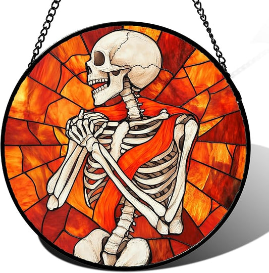 Stained Glass Window Hanging - Halloween Decorations Fear Skeleton Suncatcher for Doors Garden Indoor Spooky Funny Sun Catchers Gothic Decor Horror Gifts for Women Men Friend 9.8 in
