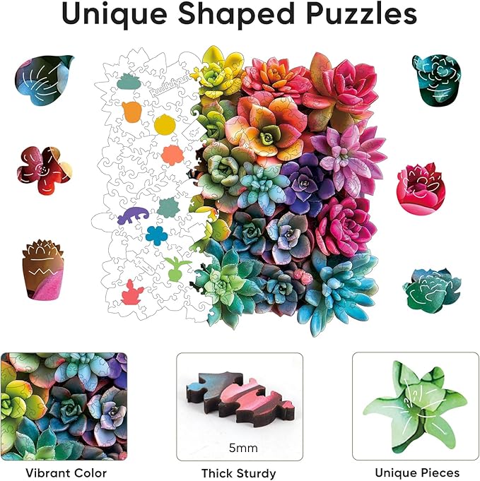 Ruikiyart Wooden Puzzles for Adults,5MM 200 Pieces Succulent Wooden Jigsaw Puzzles,Plant Unique Shaped Puzzle Gifts for Adults and Kids on Thanksgiving,Challenging Family Puzzle Games(11.2'' x 11.1'')