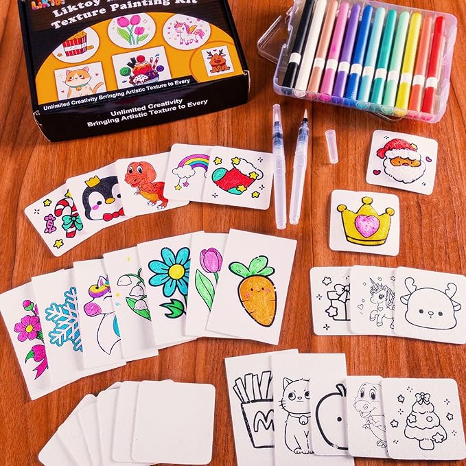 Liktoy 44Pcs Magic Foam Texture Painting Kit, 28Pcs Foam Texture Paper, 12 Colorful Brush, 2 Water Brushes, 3D Effect Texture Painting Set, Ideal for Halloween, Christmas, Birthday Gifts