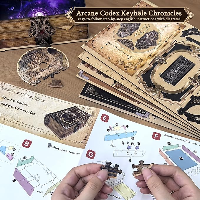 3D Wooden Puzzles for Adults,DIY Book Nook Kit,Mechanical Treasure Puzzle,Trading Card Storage Box with Lock,3 in 1,DIY Building Mechanical Model Kit for Hobby Enthusiasts