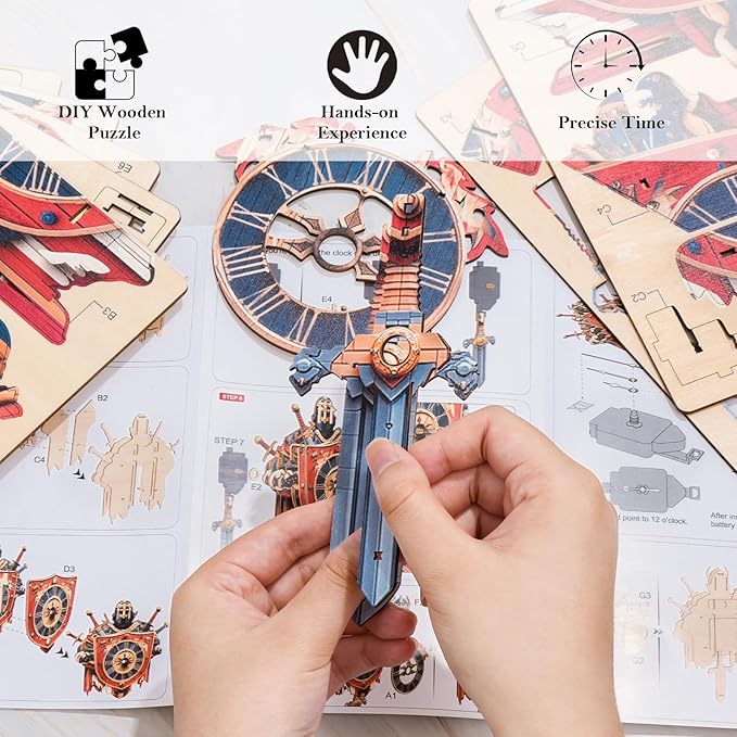 3D Wooden Puzzles for Adults Knight Clock - Model Building Kit ‌‌Cavalier Wall Clock Puzzle Creative Art Craft Gift Home Decor for DIY Enthusiasts, Brain Teaser Building Set Birthday Gifts