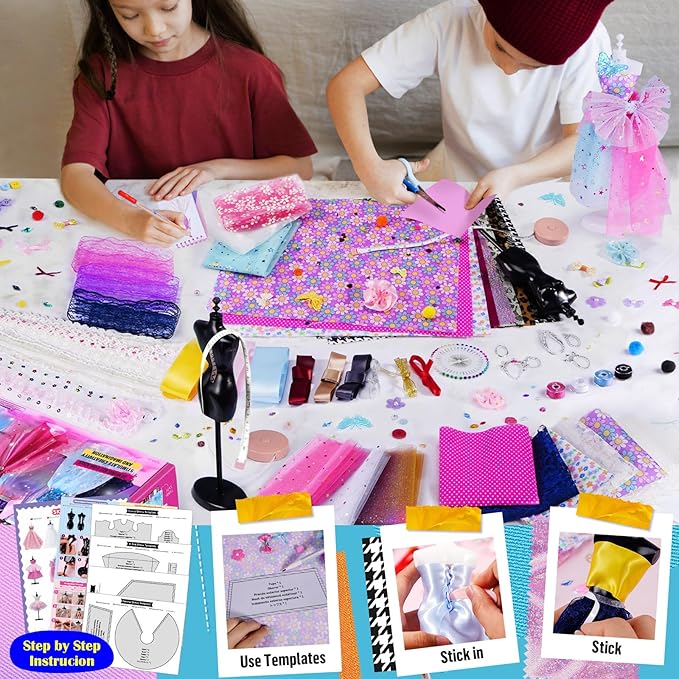 ONE TO FOUR 800+Pcs - Fashion Designer Kit for Girls with 6 Mannequins - Arts and Crafts Kit- Sewing Kit for Kid Ages 8-12 -Girl Gift Age 6 7 8 9 10 11 12-Gifts for Teen Girls