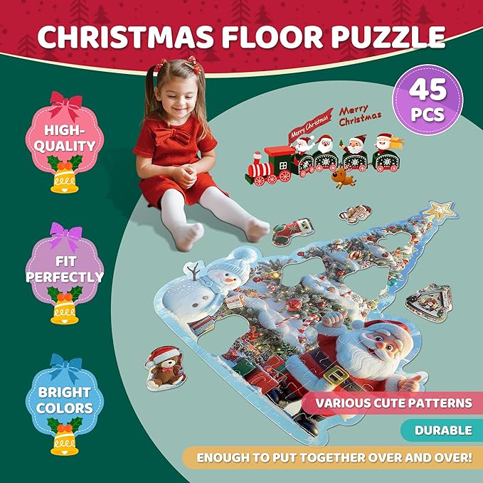 Floor Puzzles for Kids Ages 3-5, Christmas Puzzles for Toddler Ages 4-6, 45 Pieces Jumbo Puzzles with Box, Christmas Toys for Gifts 3-8 Years Old