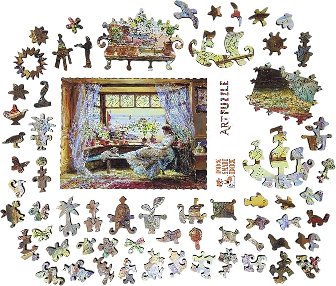 Wooden Puzzle for Adults - Uniquely Shaped Pieces - Made in The USA by FoxSmartBox - 275 Pieces - Reading by The Window