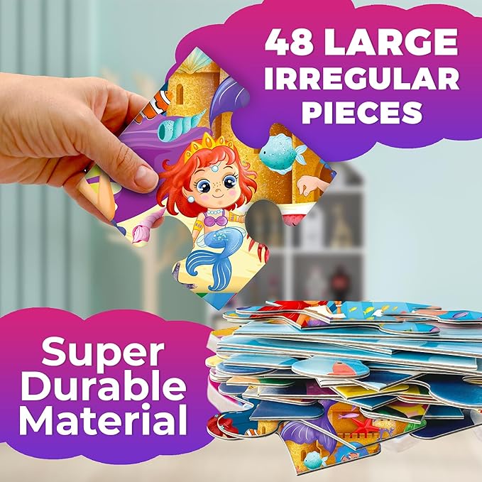 QUOKKA Giant Floor Puzzles for Kids Ages 4-6 - 2x3 Feet Extra-Thick 48 Pieces Toddler Puzzle Ages 3-5 – Mermaid Educational Activity for Boys Girls – Premium Box with Sturdy Handle & Magnetic Closure