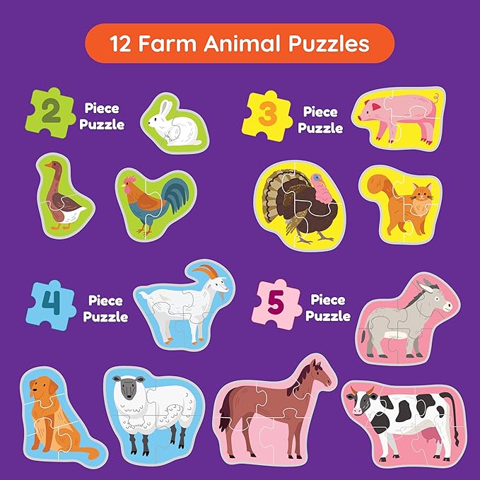 My First Puzzle - Montessori Toy, 12 Graded Puzzles, 2-5 Pieces (Farm Animals)
