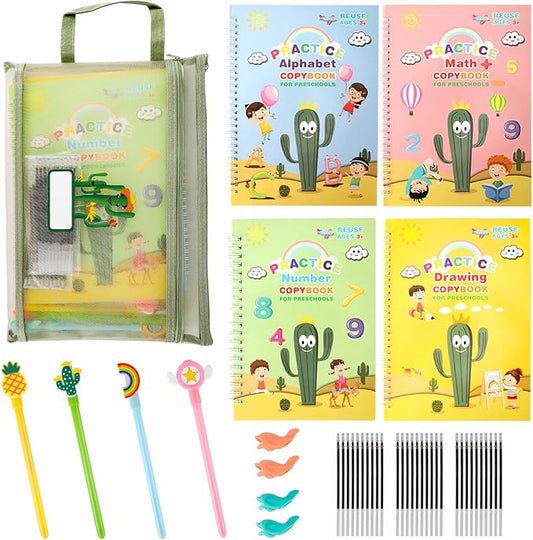 Premium Grooved Handwriting Practice for Kids, Reusable Children's Magic Copybook with Pencil Grips and Pouch, Large Size Calligraphy Workbooks Kit for Pre-School, Kindergarten(30 Refills)