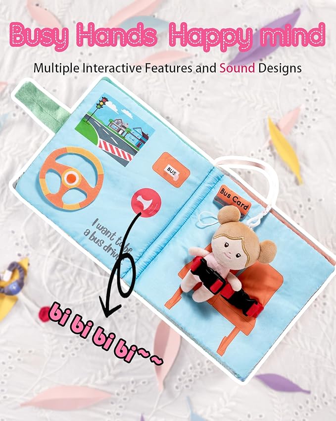 Interactive Sensory Soft Cloth Book, Educational Crinkle Quiet Activity Busy Book for Babies,Toddler Travel Toy Gift for Boys and Girls (I Want to Be)