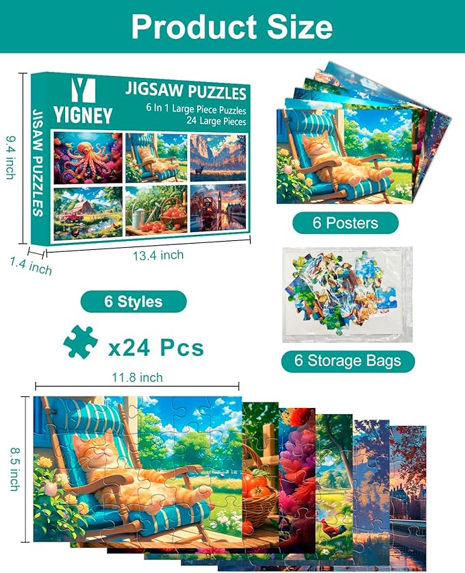 6 Pack 24 Large Piece Jigsaw Puzzles for Seniors Alzheimer Product for Elderly Dementia Activities Memory for Patients in Nursing Home with Storage Box