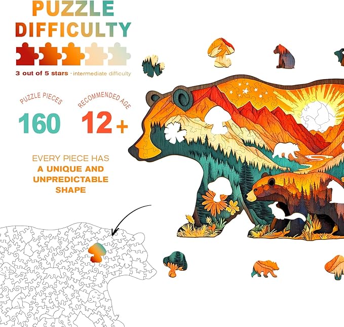 Wooden Puzzles for Adults - Forest Bears Wooden Jigsaw Puzzle - Unique Animal Shaped Wood Puzzles Adult - Christmas Birthday Gifts for Adults/Friends/Family - 160pcs 13.1 * 7in