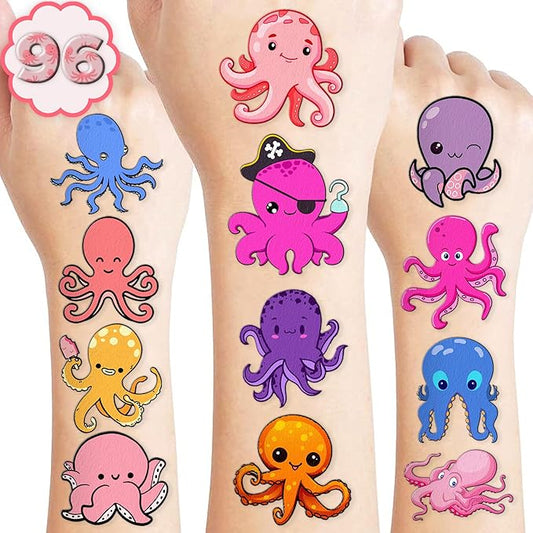 100 PCS Octopus Themed Birthday Party Favors Decorations Supplies Decor Octopus Ocean Under the Sea Animals Temporary Tattoos Stickers for Girls Boys Baby Shower Gifts Student School Prizes Rewards