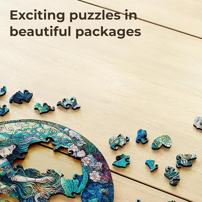 Crafthub Mystical Creatures Wooden Puzzles for Adults – A3 Dreamy Mermaid with 127 Pieces Wood Puzzles – Jigsaw Puzzles with Unique Animal Shapes – 10.9"x10.9"