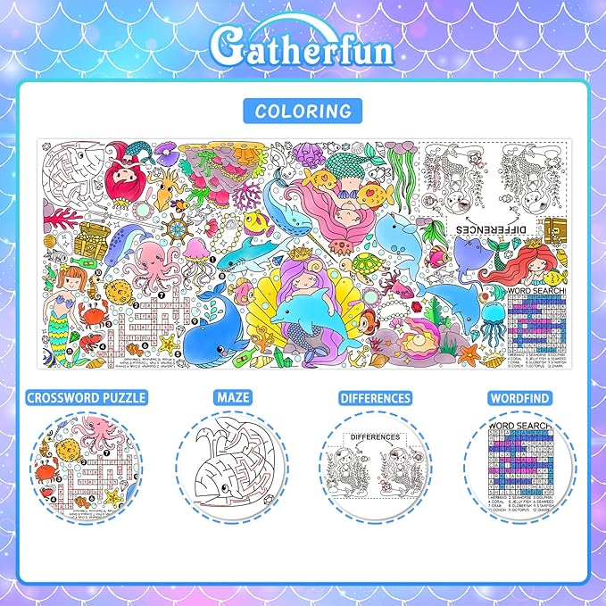 Gatherfun Mermaid Party Giant Coloring Poster - 31.5X 72 Inches - Versatile Classroom Wall Décor & Birthday Activity - Mermaid Poster or Table Cover for School Parties and Special Events