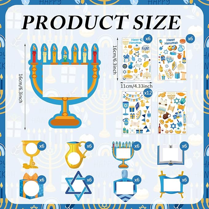 Jetec 48 Set Hanukkah Picture Frame Craft DIY Chanukah Photo Frame Make Your Own Festival of Light Ornaments with Jewish Festival Stickers for Hanukkah Party Favor Classroom Activities