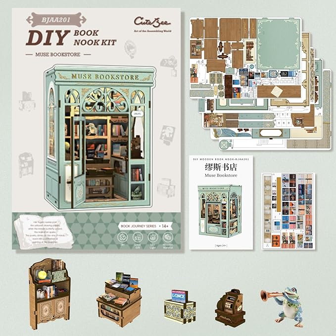 CUTEBEE DIY Book Nook Kit, Miniature House Kits for Adult and Teens, DIY Miniature Book Nook kit with Sensor Led Light, Gifts for Lovers and Family (Muse Bookstore)