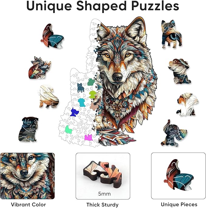 Ruikiyart Wooden Puzzles for Adults, 5MM 500 Pieces Wolf Family Wooden Jigsaw Puzzles, Animal Unique Shaped Puzzle Gifts for Adults and Kids on Thanksgiving, Family Puzzle Games (14.9"*18.5")