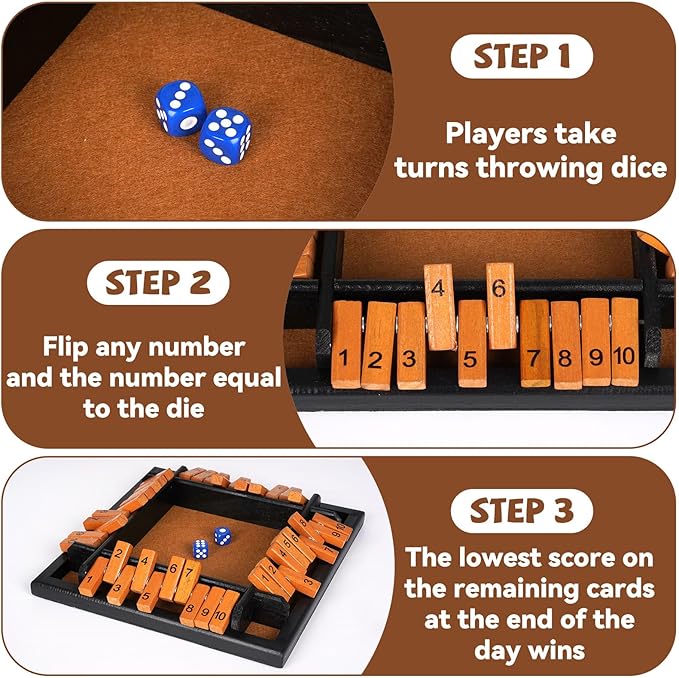 Shut The Box Dice Game, 1-4 Players Wooden Family Board Math Game with 12 Dice ，Pub Strategy Dice Game for Adults Classic Tabletop Educational Game for Family, Classroom, Home