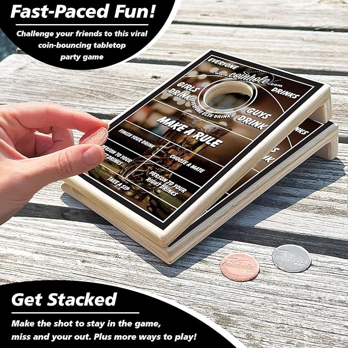 Coinhole Desktop Coin Bouncing Party Game Set | Tabletop Cornhole Board Game | Small Cornhole Travel Game Includes Coins