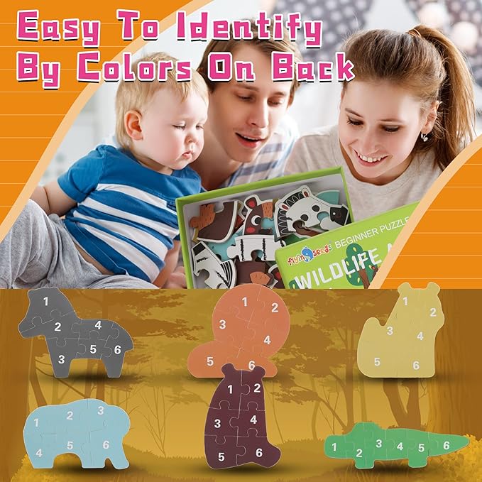 FLYINGSEEDS 6 Packs Wooden Jigsaw Puzzles for Toddlers, Wildlife Animals Shaped Puzzles for Beginners Ages 1-3, Montessori Learning Toys Preschool Educational Activity for Kids Ages 2-5