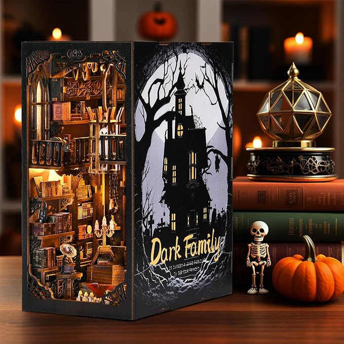 Book Nook Kit - Haunted Manor DIY 3D Wooden Puzzle for Adults, Horror Bookshelf Insert with LED Lights, Halloween Home Decor Gift,The Gothic Dark Family