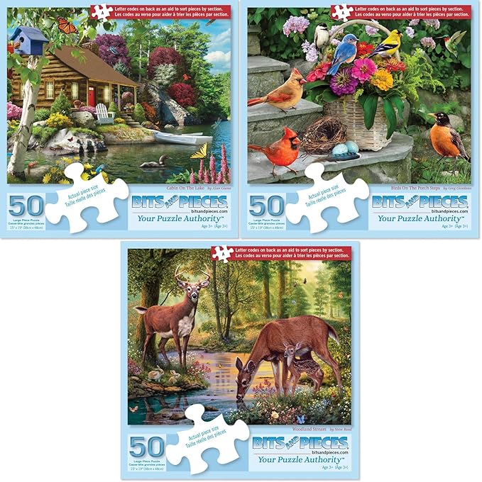 Bits and Pieces – Value Set of 3 Jigsaw Puzzles for Seniors – 50, 100, or 200 Large Piece Puzzles – Nature Scenes – Lettered Back Design – Each Puzzle Measures 15” x 19” (Three 50 Piece Puzzles)