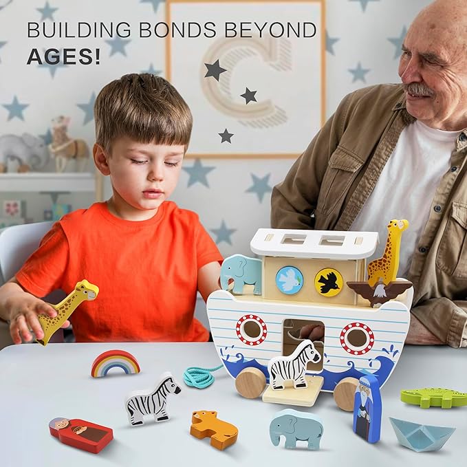 Noah's Ark Wooden Toy Set, Educational Wooden Animal Toys for Toddlers, Montessori Shape Sorter Educational Toys, Bible Story Engagement & Perfect Baptism, Christening Gift for 2-4 Y