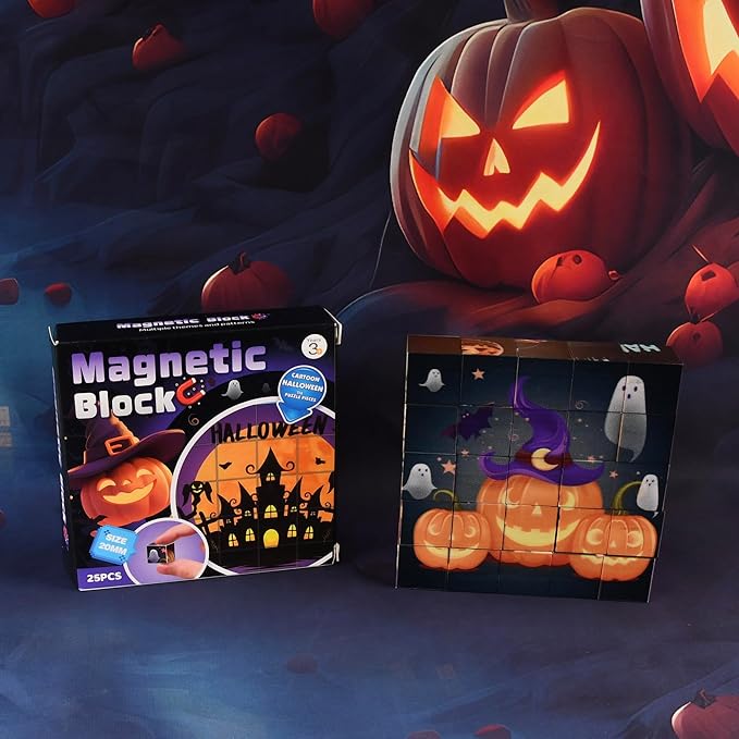 Magnetic Blocks Building Toy,Ritastar 25pcs Mine Stacking Magnet Build Cubes Cartoon Pattern World,STEM Sensory Construction Toys for Kids Gift,Educational Jigsaw Puzzle Set with 3D Halloween Designs