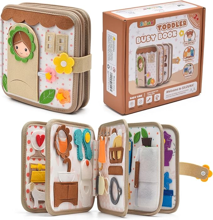 Montessori Busy Book for Toddlers 1-3, Felt Quiet Book & Busy Board for Preschool Learning, Fine Motor Skills, Sensory Play, Educational Travel Toy & Gift – Pretend Play for Girls, Brown