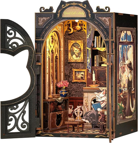 Cutefun Book Nook Kit - DIY Miniature House Kit for Bookshelf Decor, Book Nook Kits for Adults & Beginners, 3D Wooden Puzzle Dollhouse, Ideal Gift for Family and Friends (Count Cat's Study)