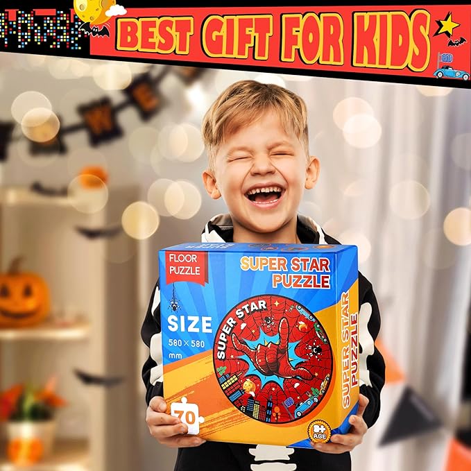 Halloween Spider Web Floor Puzzle for Kids 4-8, 70pcS Jumbo Floor Puzzle Preschool Toys Educational Puzzles for Toddlers 3 4 5 6 7 8 Year Old Boys Girls, Boo Basket Toys
