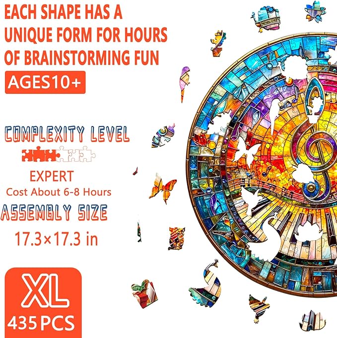 Wooden Jigsaw Puzzle for Adults, Stained Glass Piano Wood Puzzles Adult, Music Wooden Puzzles for Adults 435 Pieces, Unique Shape, Presents for Women and Men, Wall Art Canvas Puzzle(XL -17.3*17.3in)