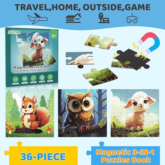 Puzzles for Kids Ages 3-5 36PCS-3 Animal Themes Magnetic Puzzles for Kids 4-6 Travel Puzzle for Airplane/Car/Road Trip/Gift Toys for 3 4 5 6 Year Old Girls and Boys