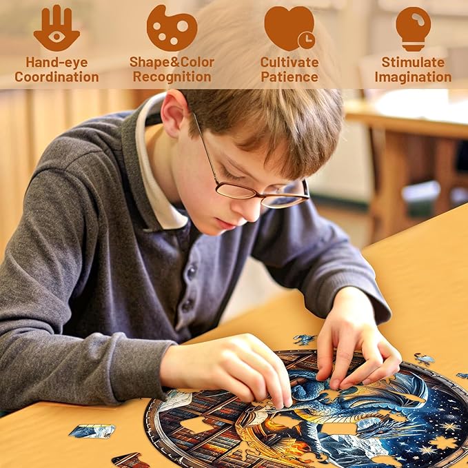 Wooden Jigsaw Puzzles for Adults, Snowy Library Dragon Wood Puzzles Adult, Wooden Puzzles for Adults, Unique Shape, Fun Gifts for Friends & Family, Home Decor(S -8.5 * 8.5in-100 pcs)