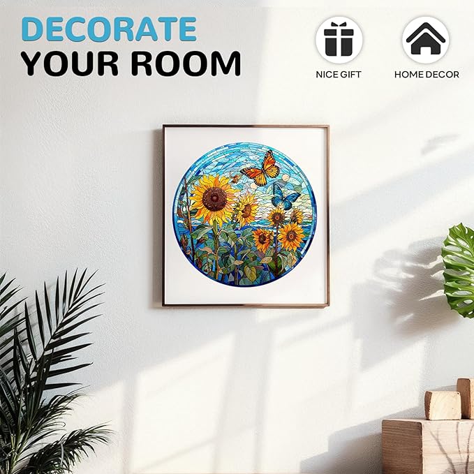 Wooden Puzzles for Adult, Sunflower and Butterfly Wooden Jigsaw Puzzle, Unique Shape Flower Puzzle with Beautiful Wooden Box, Best Gift for Friends (L-13.4 * 13.4in-300pcs)