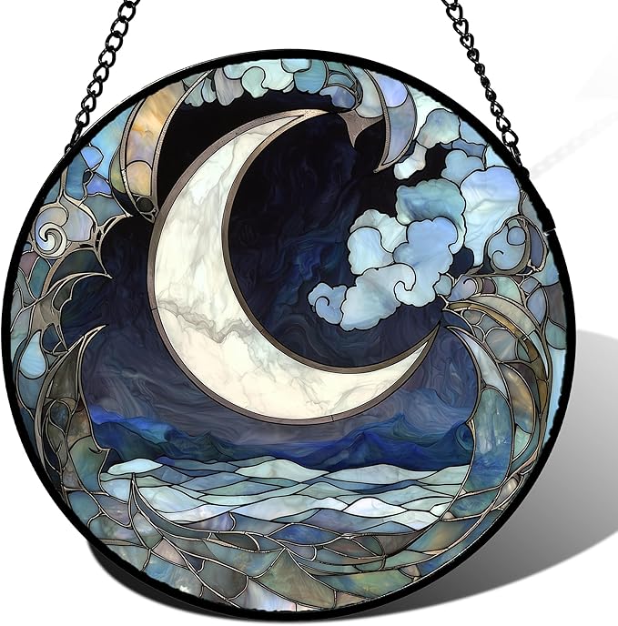 Stained Glass Window Hanging - Abstract Sea of Clouds Moon Sun Catcher for Door Terrace Garden Home Decor, Gray Blue Suncatcher Birthday Gifts for Lovers Women Men Dad Mom Nana 15 in