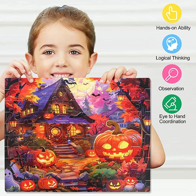 LELEMON Halloween Puzzles for Kids Ages 4-8,100 Piece Funny Pumpkin Castle Bat Jigsaw Puzzle for Children,Learning Educational Toys for Boys and Girls