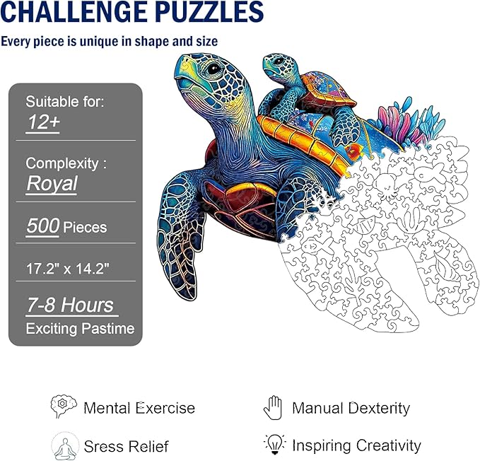 Wooden Jigsaw Puzzles for Adults Teens Kids, Parent and Child Sea Turtle Wood Puzzle, 500 Pieces Unique Animal Shaped Puzzle, Fun Challenging Family Games, 17.2" x 14.2", Gift Box Included