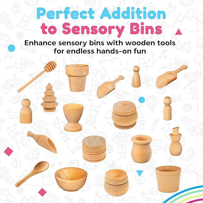 Wooden Tool Set for Sensory Bin (30 Piece), Child-Sized Montessori Sensory Toys for Developing Fine Motor Skills, Smooth Wooden Toys, Bin Scoops and Tools