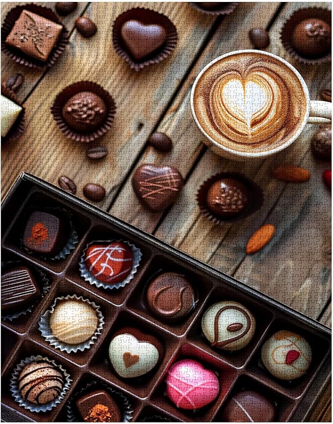 Tucocoo Chocolats Box Jigsaw Puzzle 1000 Pieces Puzzles for Adults, Coffee Cup Art Jigsaw Puzzles for Challenging Family Activity Games 27 x 20 inches DIY Handwork Puzzle for Home Decor Gifts