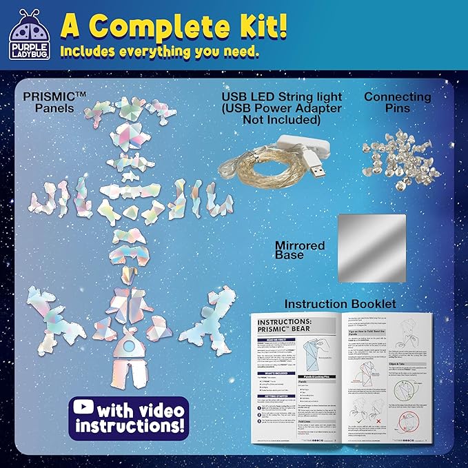 PURPLE LADYBUG Prismic 3D Bear Puzzle Nightlight - DIY LED Craft Kit for Kids & Teens, USB-Powered Holographic Light-Up Decor, Room Decor for Boys & Girls