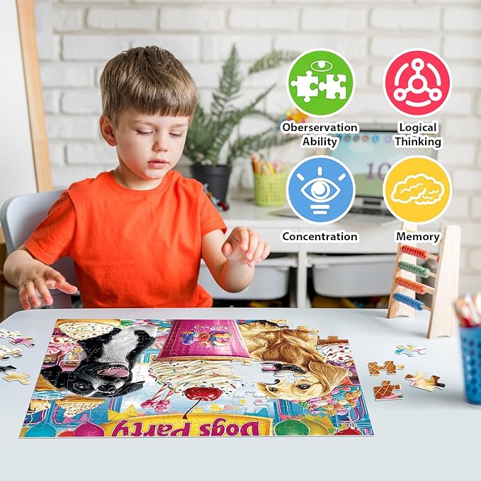 4-Pack 100 Piece Puzzles for Kids Ages 6-8 8-10 Year Old Large Piece Puzzles for Seniors 100 Pieces Jigsaw Puzzles for Kids Ages 4-6, Learning Educational Toys for Boys and Girls- Dogs Kittens Donuts