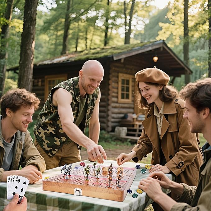 Glintoper Large 21" Horse Racing Game for Adults Family, Horse Race Board Games with 11 Luxury Metal Horses, Foldable Wood Board with 2 Dices 2 Boxes of Cards 40 Poker Chips Finish Line for Parties