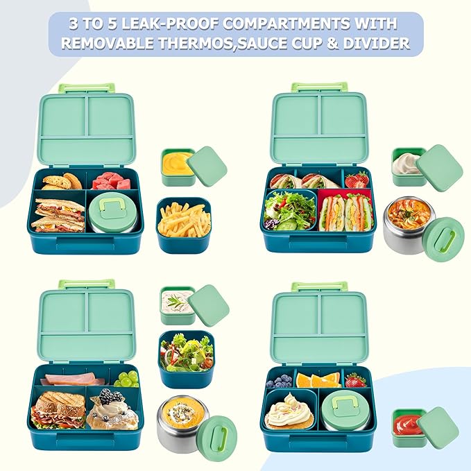 MAISON HUIS Kids Bento Box Set - Includes 8oz Soup Thermo, Insulated Lunch Bag & 17oz Stainless Steel Water Bottle, 5-Compartment Bento Box with Built-In Ice Pack, Leak-Proof & BPA-Free(Green)