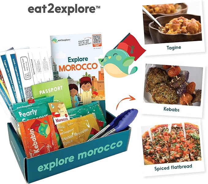 eat2explore Cooking Kits for Kids - Interactive & Educational Set with 3 Recipe Cards, Key Ingredients & Cooking Tools - Ideal Idea for Kids who Love to Create Meals (Morocco Edition)