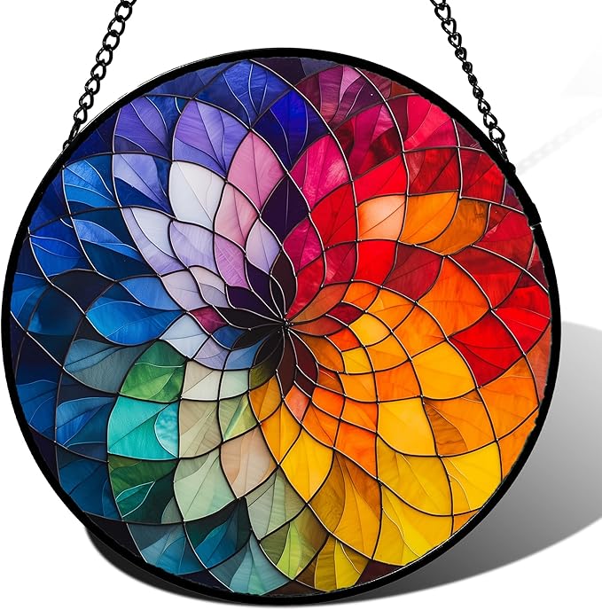 Stained Glass Window Hanging - Colorful Flowers Sun Catcher for Door Terrace Garden Home Decor, Abstract Gradient Suncatcher Birthday Gifts for Lovers Women Men Dad Mom Nana 7.8 in