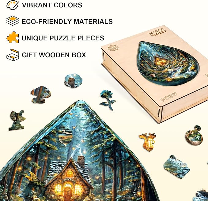 Wooden Puzzles for Adults, Mystic Forest Wooden Jigsaw Puzzle Unique Shape Wood Puzzles Adult 3D Visual Effect, Birthday Gifts for Puzzle Lovers Family Games (M-11.4 * 8.8in-135pcs)