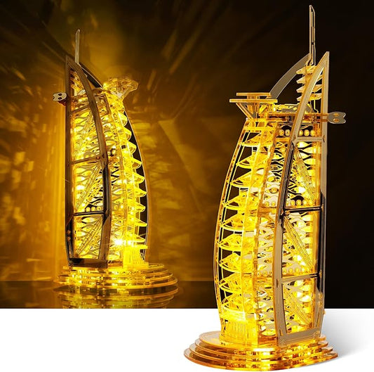 LED 3D Puzzle for Adults – 3D Wood Puzzle Architecture Building Model Kit – Super LED Dubai Landmark at Night – 3D Puzzles Home Décor Gift,Gold