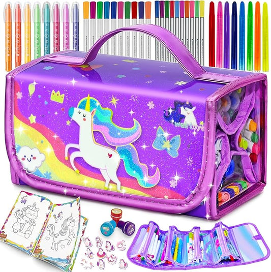weirtoya 56 PCS Washable Scented Markers Set with Glitter Pencil Case, Mermaid Unicorn Arts and Crafts for kids 4-6-8 Kids Coloring Drawing Kits for 4-8 Years Old Girls Birthday Gifts