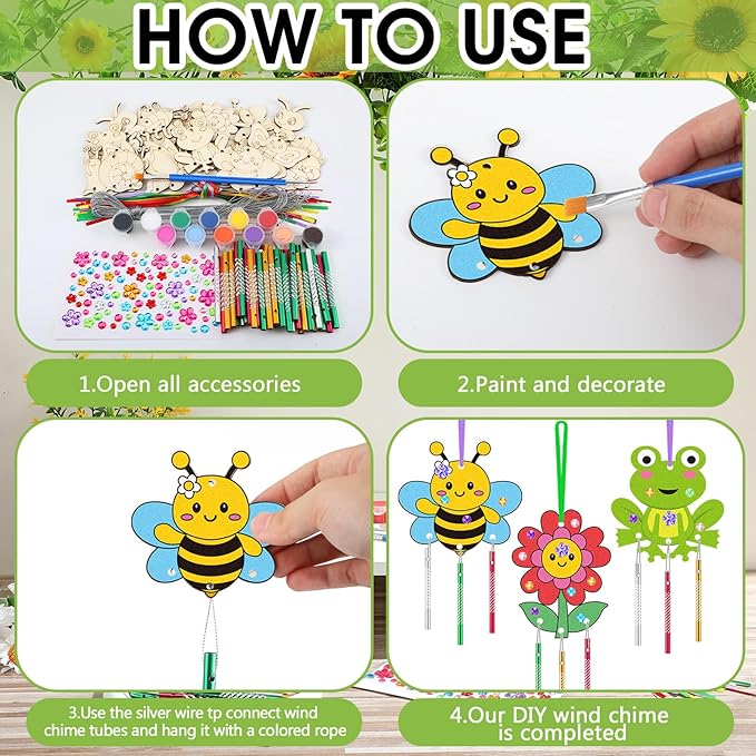 2025 VBS Wind Chime Making Kit for Kids Make Your Insect Own Wind Chime Wooden Ornaments for Girls and Boys DIY Insect Crafts Activity Birthday Spring Party Decoration